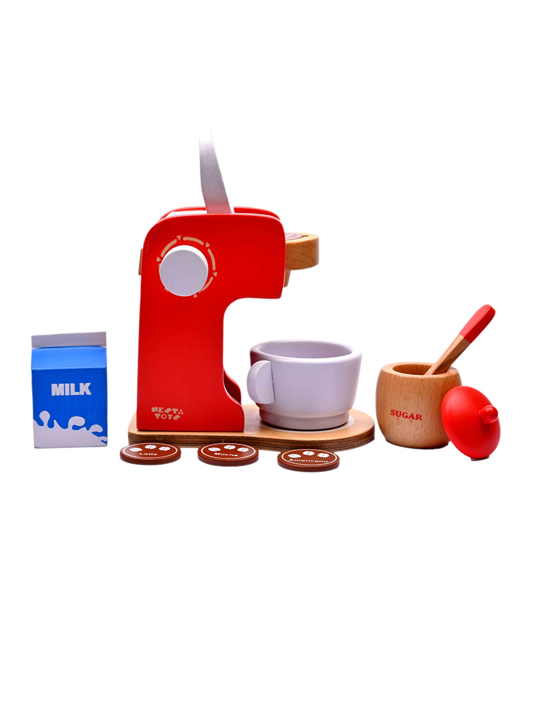 NESTA TOYS Red Wooden Coffee Maker Kitchen Cooking Pretend Play Toy