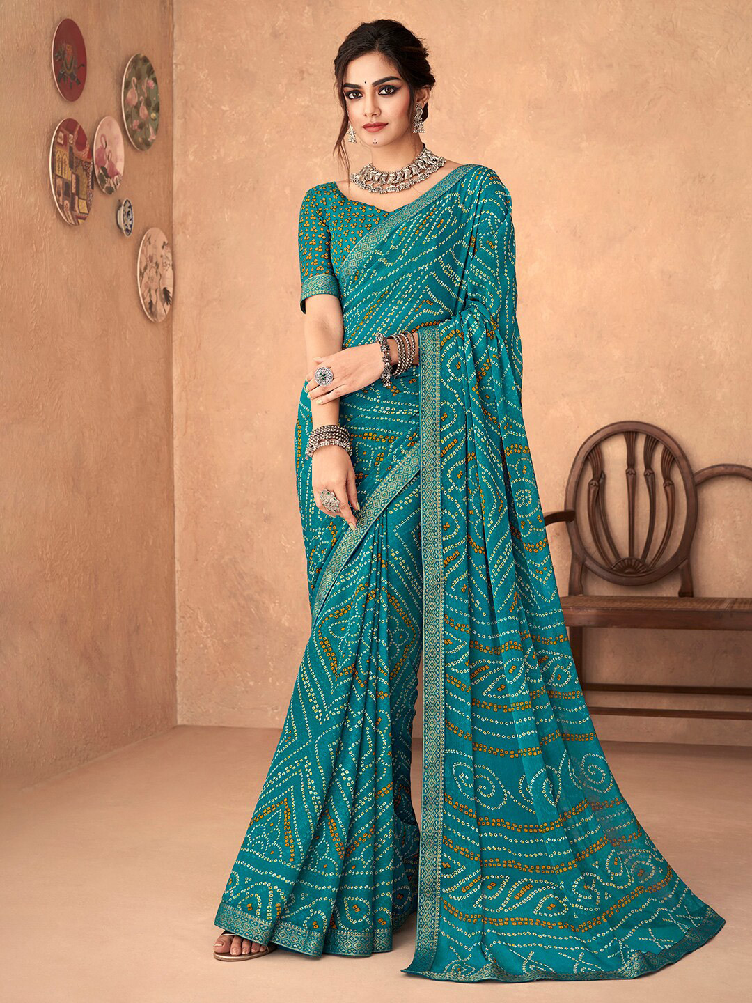 Anouk Rustic Teal & White Bandhani Zari Pure Chiffon Bandhani Saree