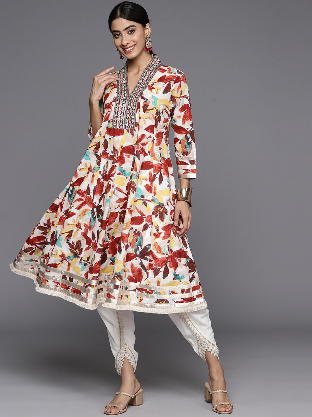 Varanga Off White & Brown Floral Printed Mirror Work Pure Cotton Kurta With Dhoti Pants