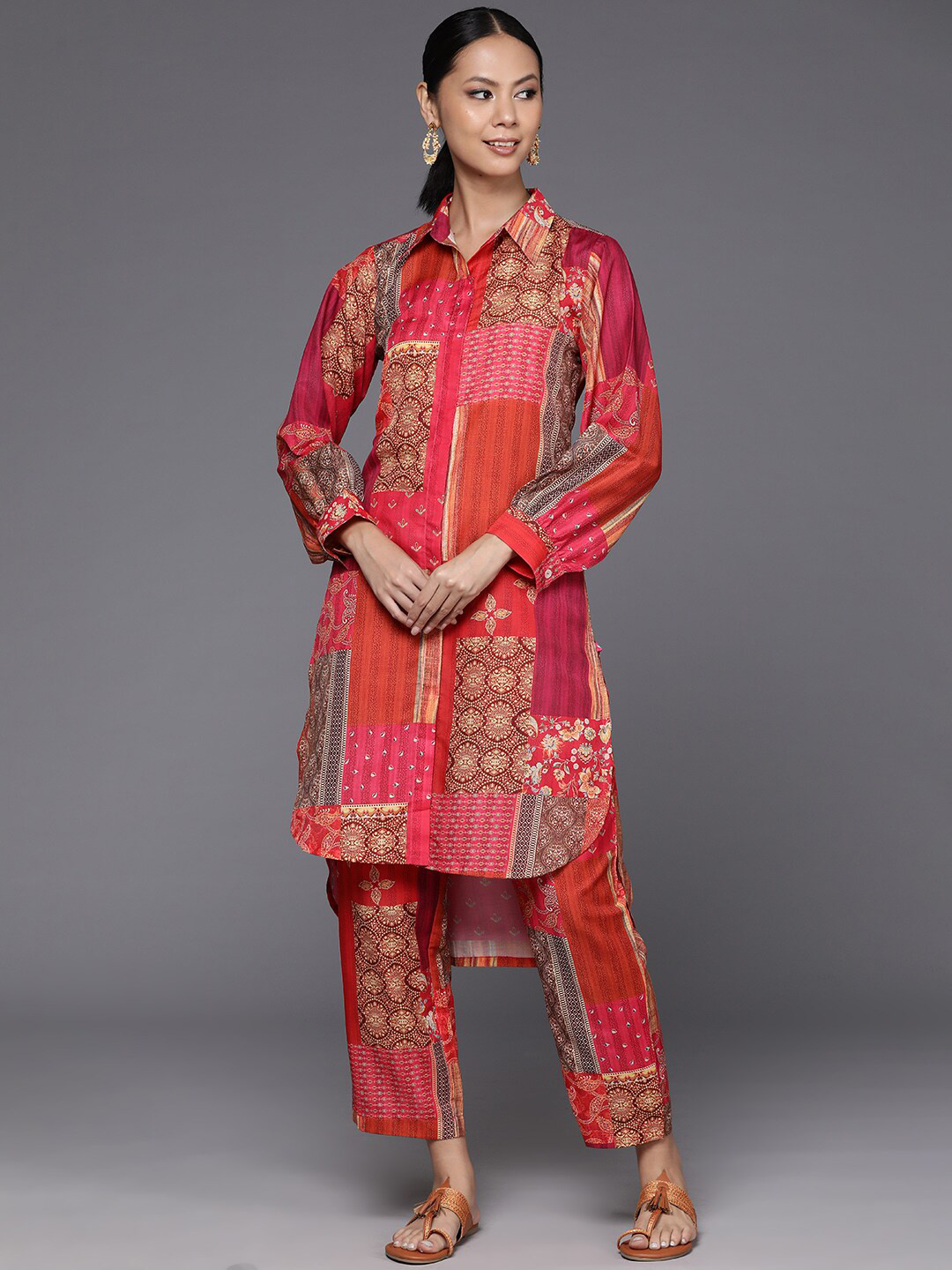 Varanga Pink & Orange-Coloured Ethnic Motifs Printed Shirt Collar Tunic & Trouser