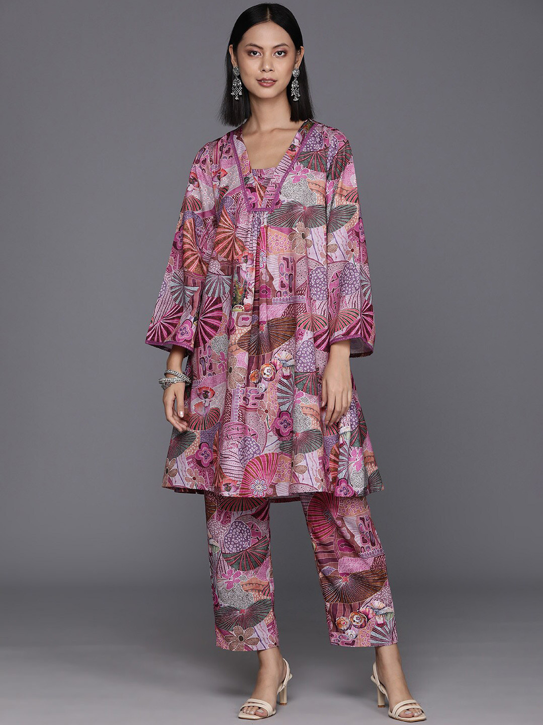 Varanga Pink & Brown Abstract Printed A-Line Tunic With Palazzos