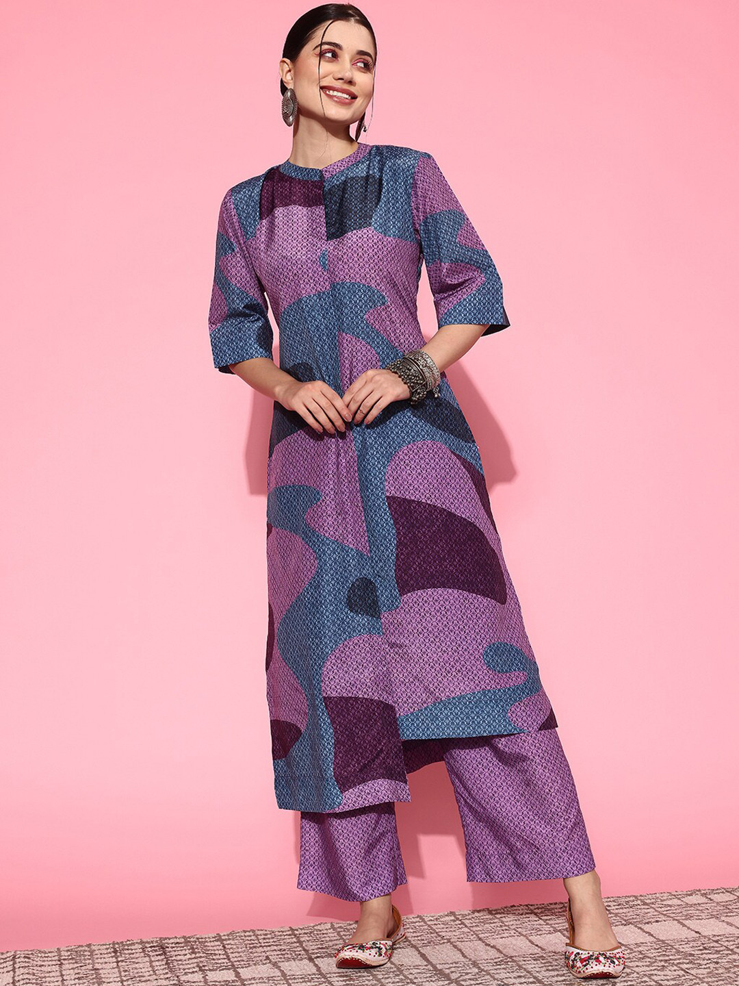 Varanga Ethnic Motifs Printed Mandarin Collar Asymmetric Tunic With Palazzos