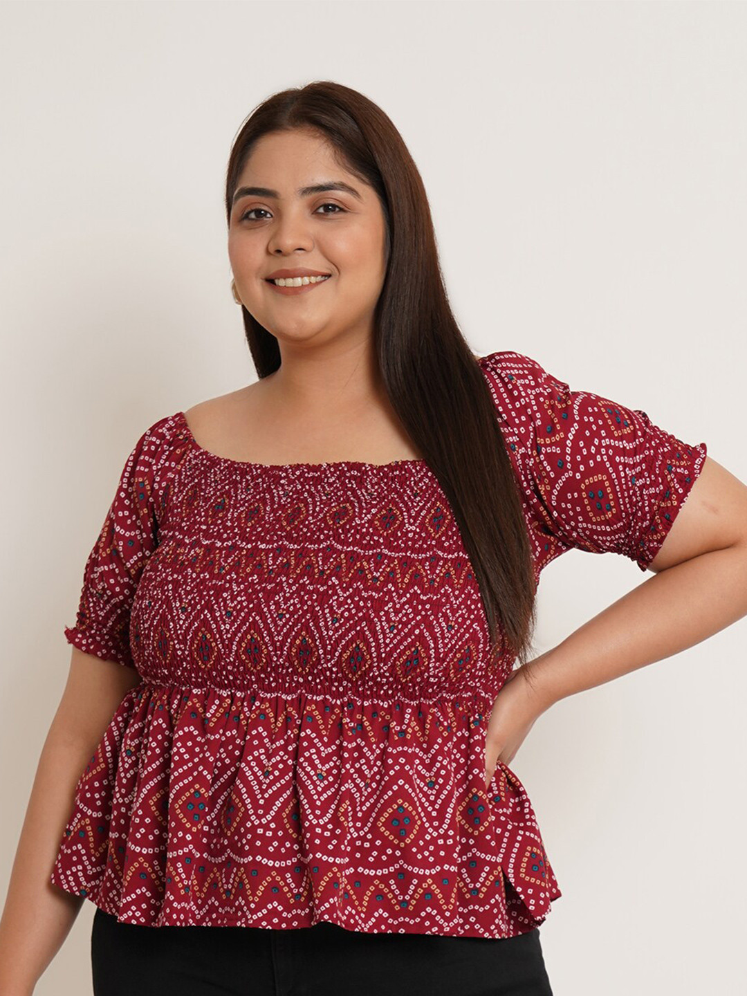 U&F Beyond Women Plus Size Bandhani Print Smocked Crepe Cinched Waist Top