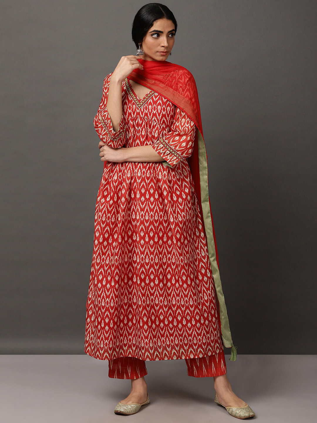 NUHH Ethnic Motifs Printed Regular Chanderi Cotton Kurta & Trousers With Dupatta
