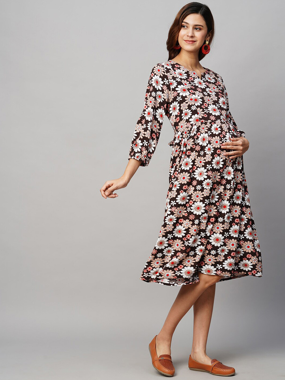 MomToBe Floral Printed Maternity A-Line Midi   Dress