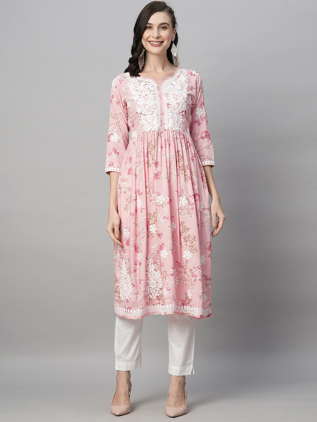 RATAN Round Neck Floral Printed Embroidered Yoke Design Thread Work Anarkali Kurta