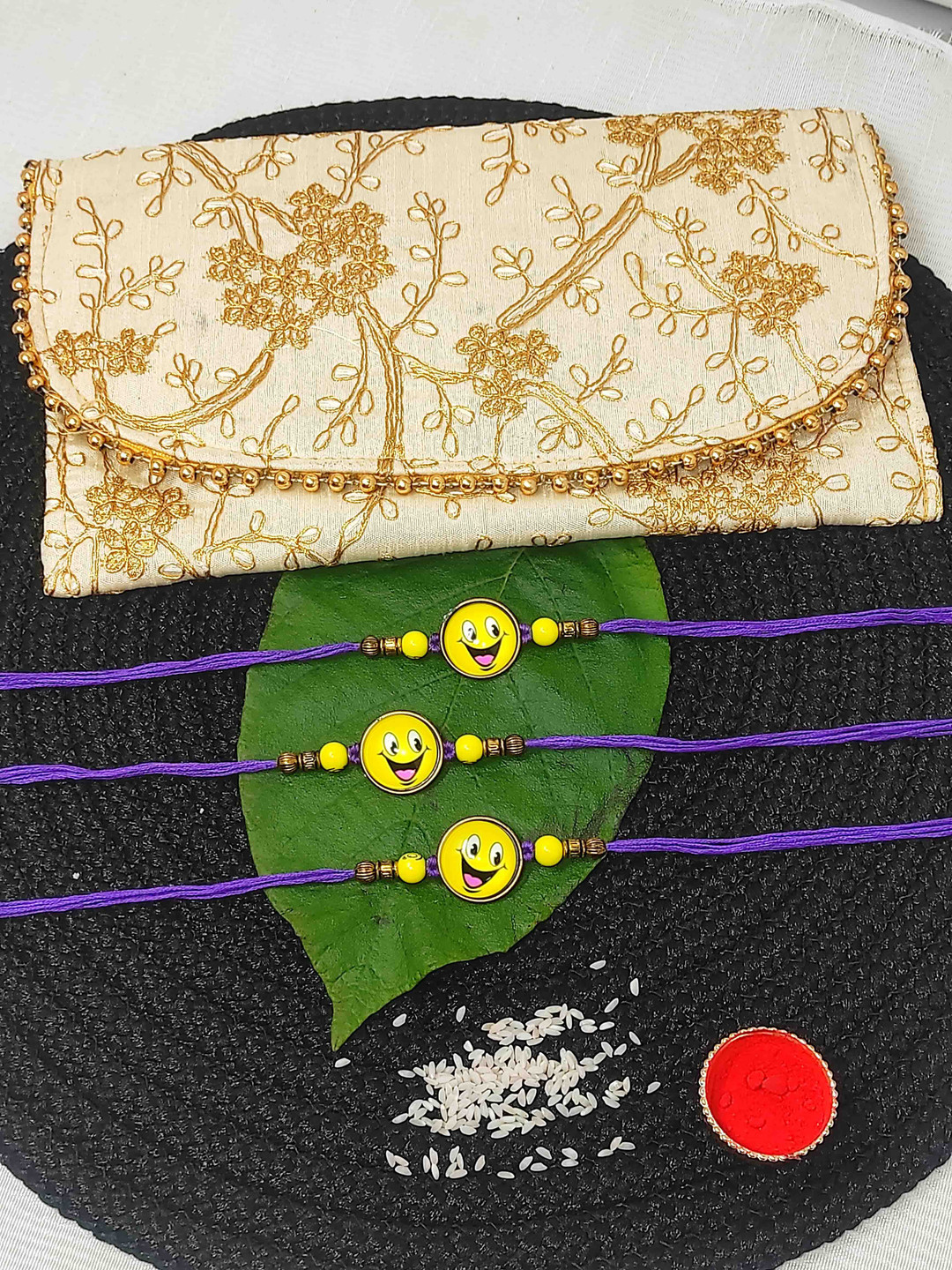 CRAYTON Set Of 3 3D Smiley Rakhi With Roli Chawal & Purse