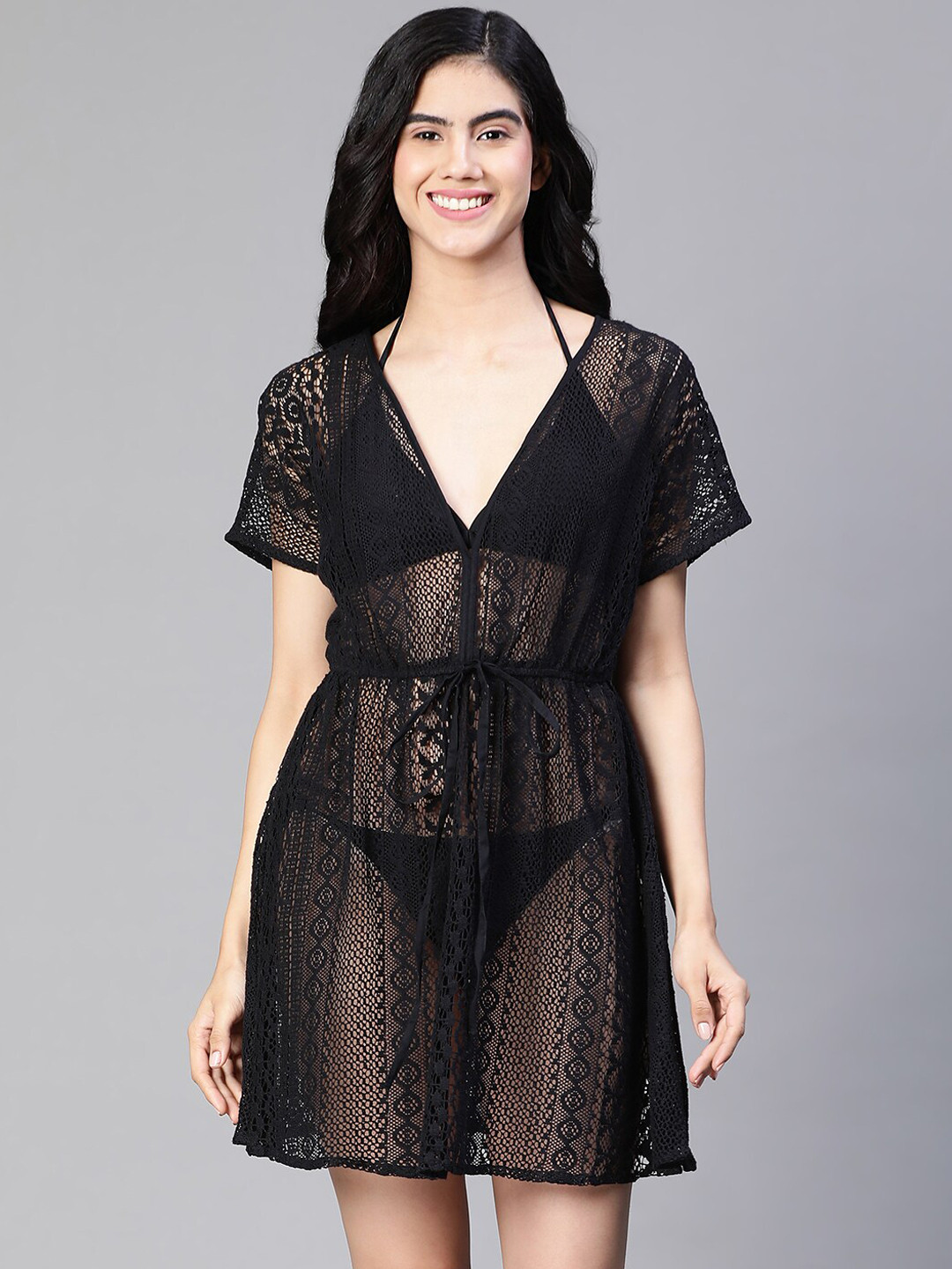 Oxolloxo V-Neck Elasticated Tie-Knot Flower Schiffli Meld Beachwear Cotton Kaftan