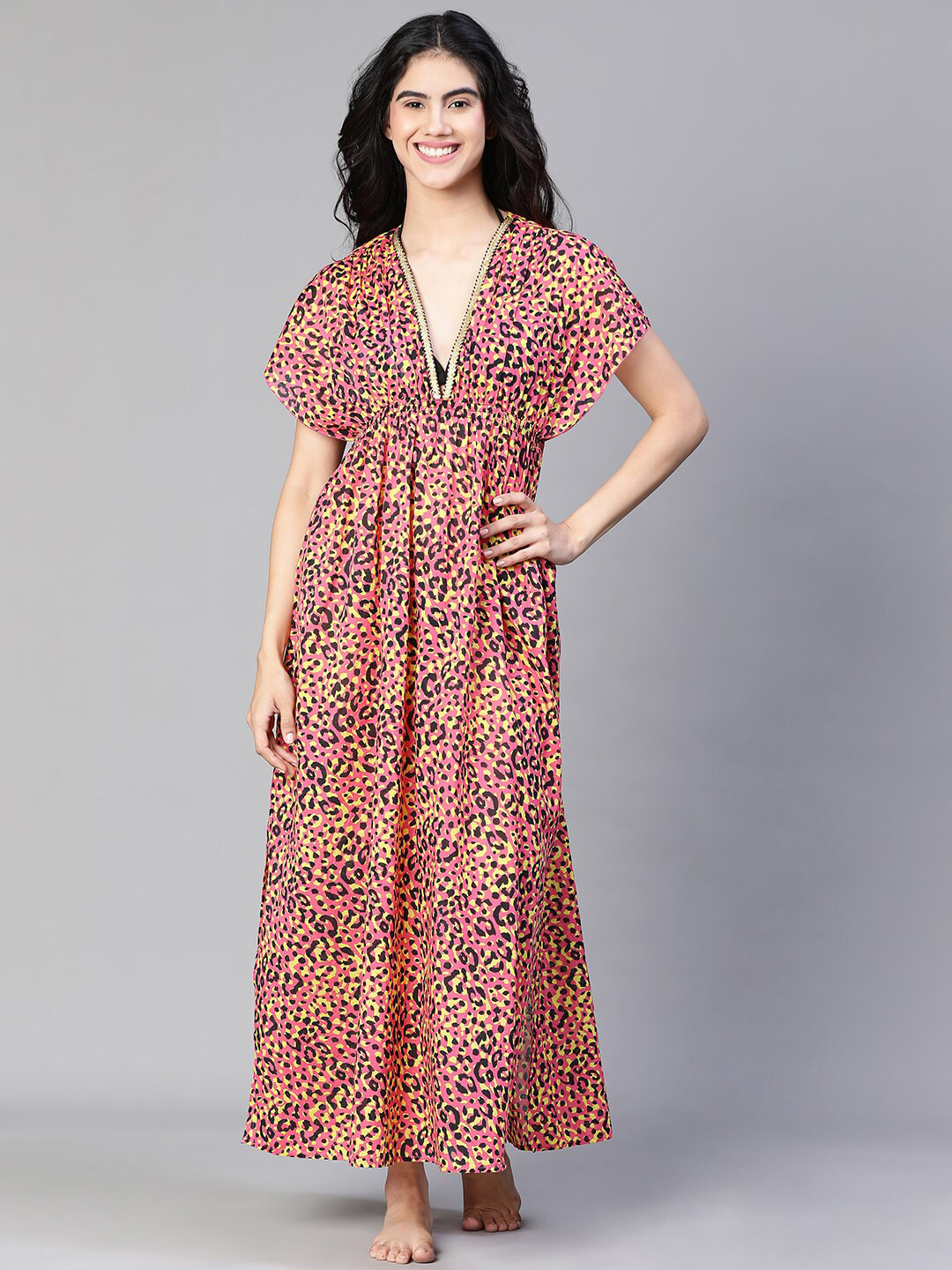 Oxolloxo Animal Printed Cotton Maxi Beachwear Dress