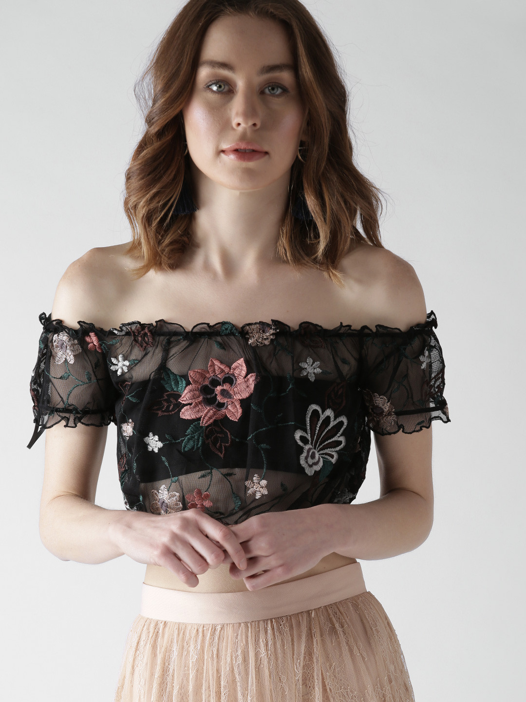 Buy FOREVER 21 Women Black Sheer Embroidered Crop Bardot Top