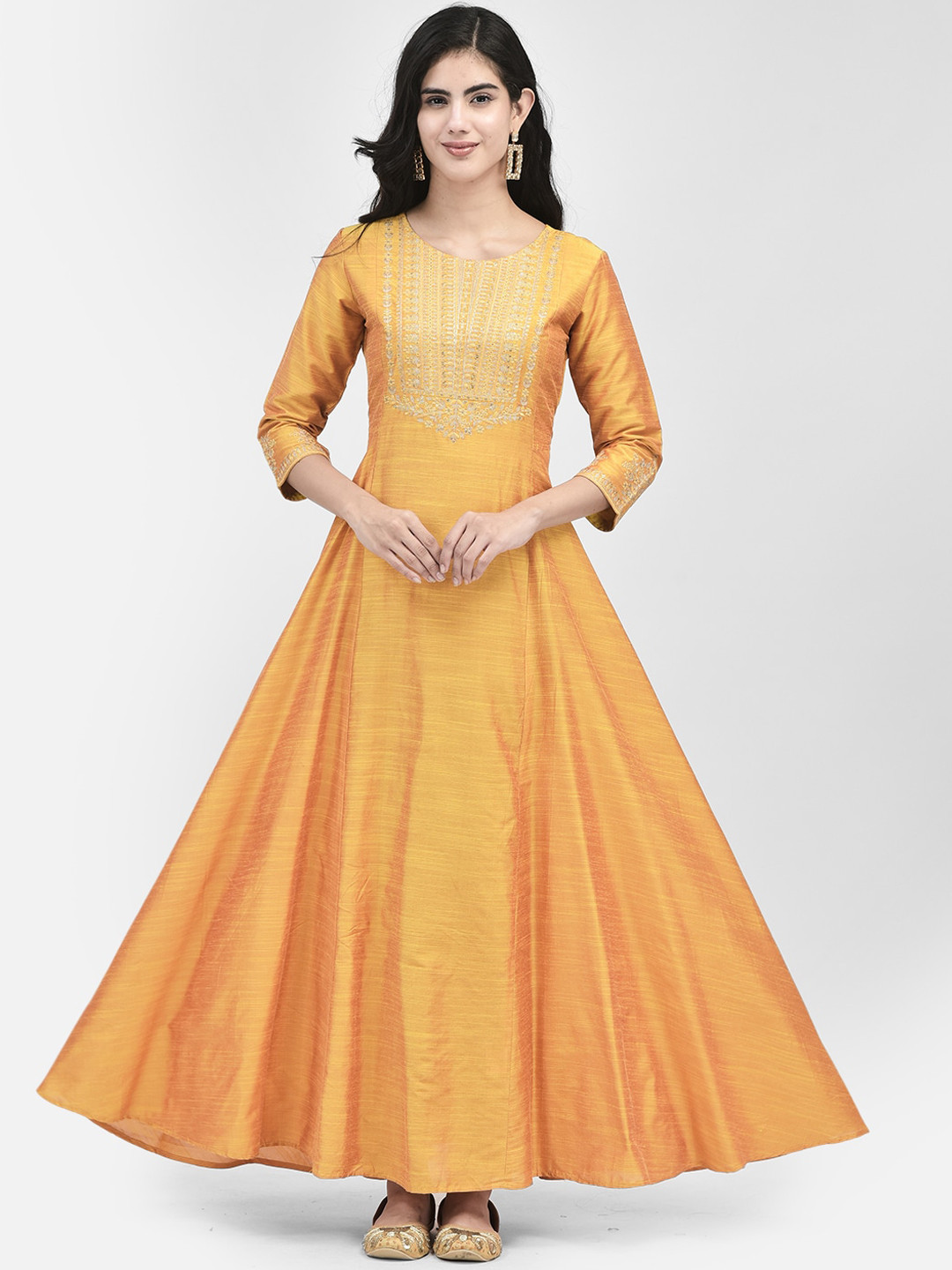 Span Ethnic Motifs Round Neck Thread Work Maxi Silk Ethnic Dress