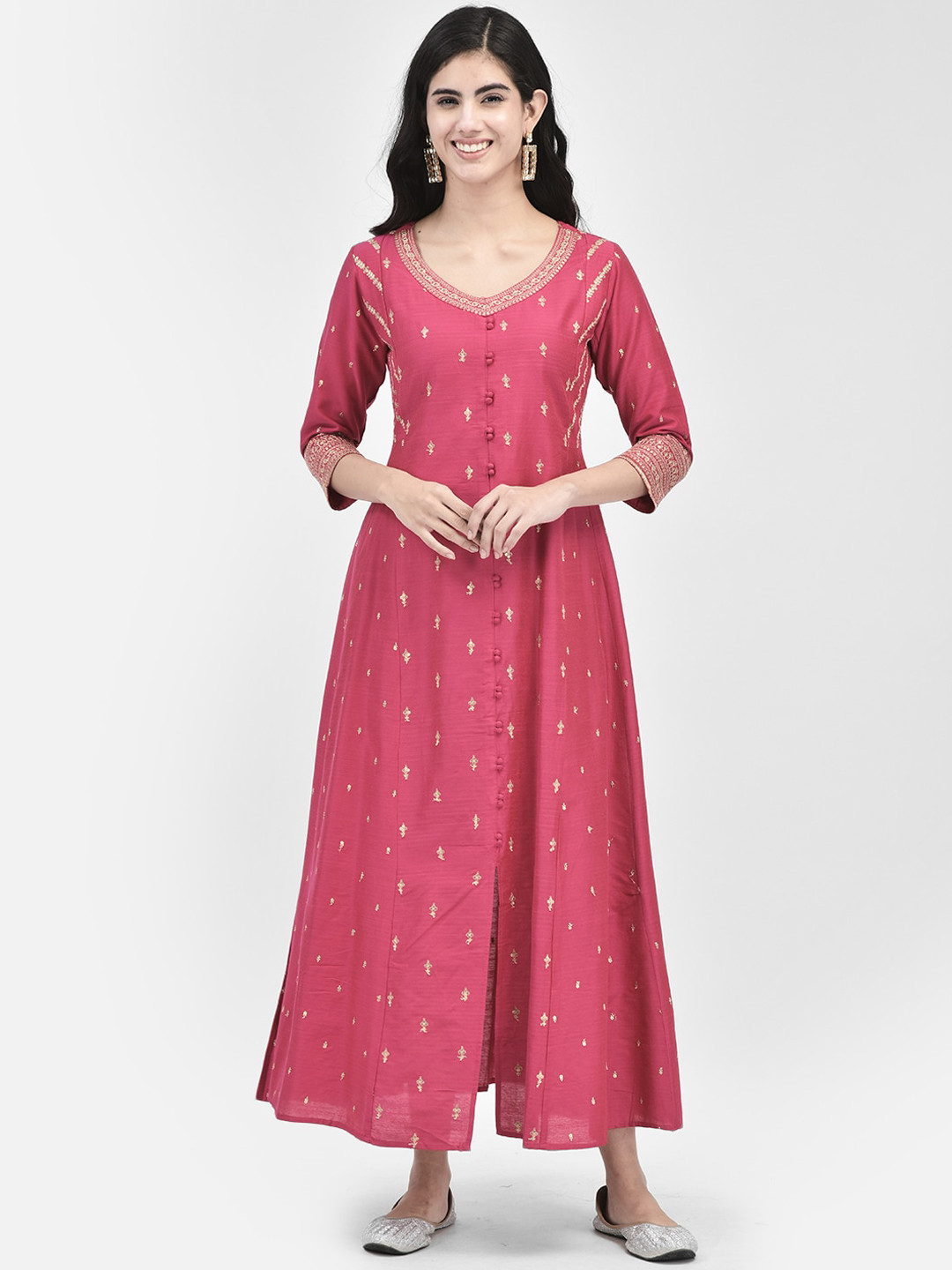 Span Ethnic Motifs Round Neck Thread Work Maxi Silk Ethnic Dress