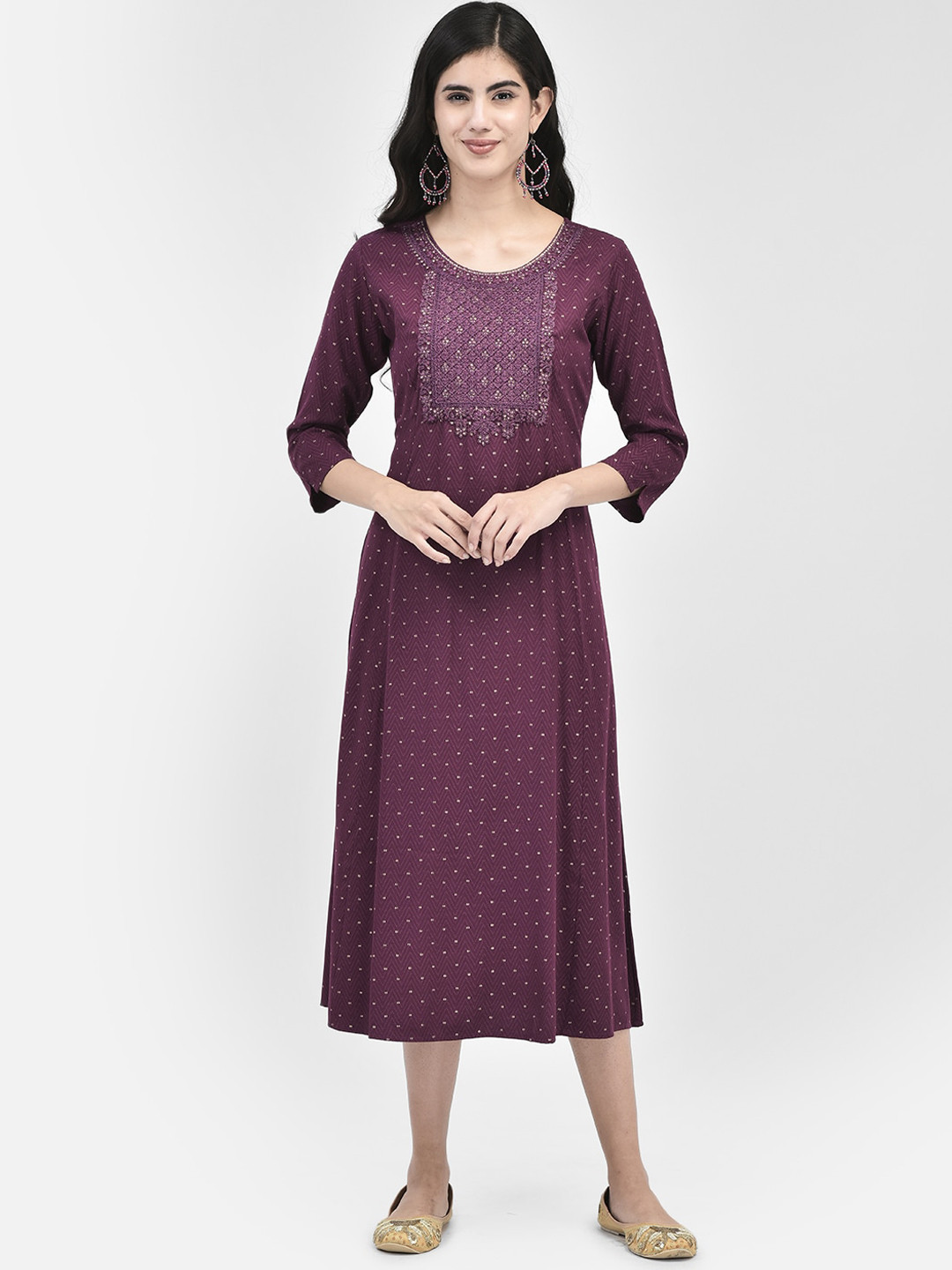 Span Polka Dot Round Neck A-Line Thread Work Ethnic Dress