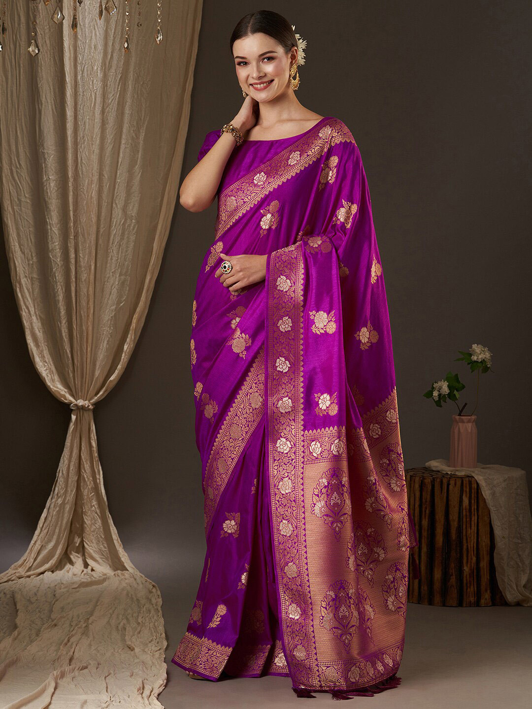 Anouk Purple & Gold-Toned Woven Design Zari Designer Banarasi Saree
