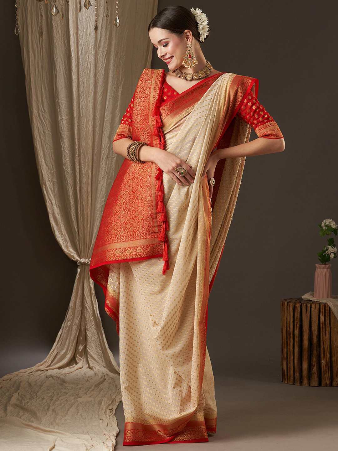 Anouk Off White & Red Woven Design Zari Pure Georgette Kanjeevaram Saree