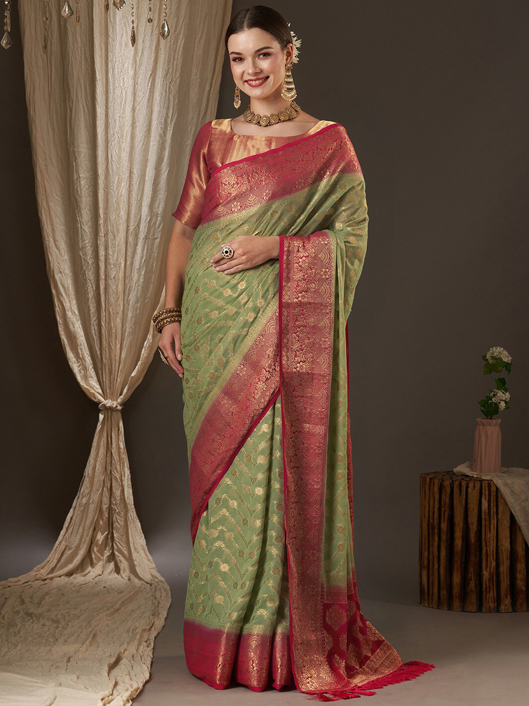 Anouk Green & Red Woven Design Zari Pure Georgette Kanjeevaram Saree
