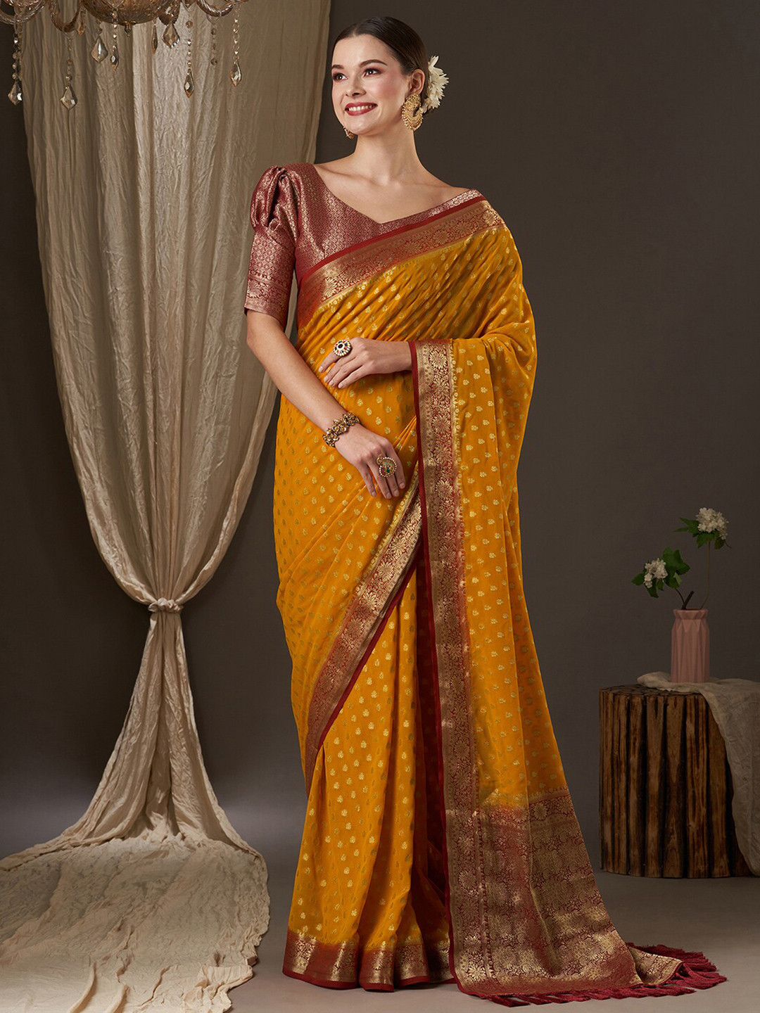 Anouk Mustard & Red Woven Design Zari Pure Georgette Banarasi Saree