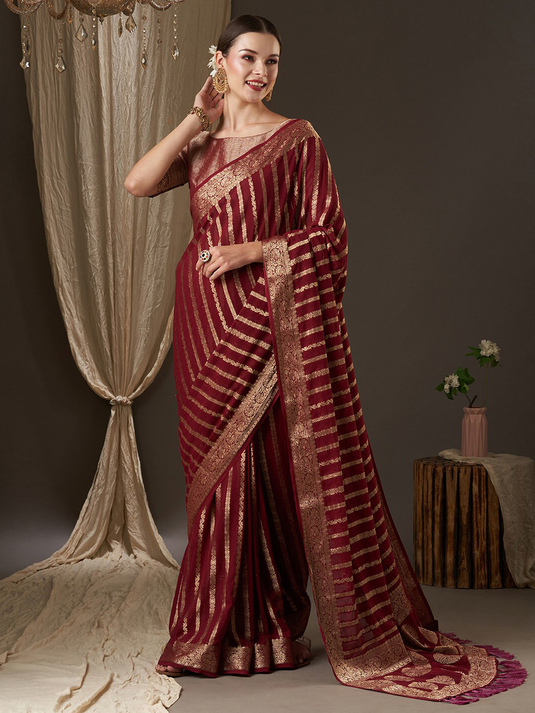 Anouk Maroon & Gold-Toned Woven Design Zari Pure Georgette Kanjeevaram Saree