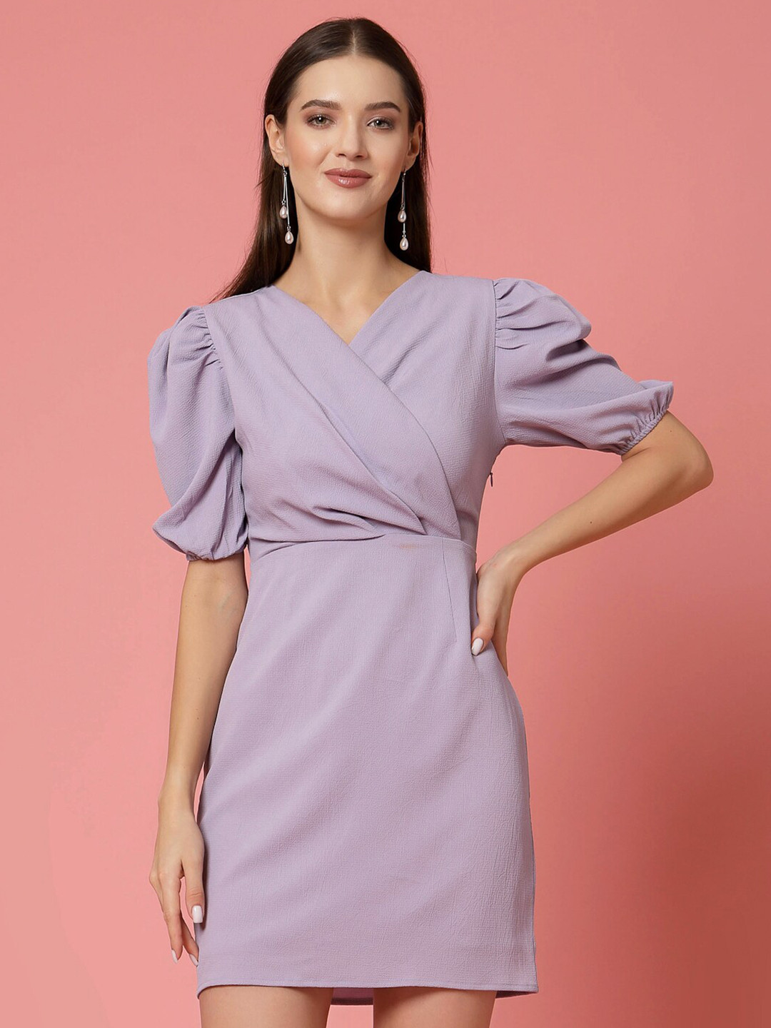 Strong And Brave V-Neck Puff Sleeves Sheath Mini Dress