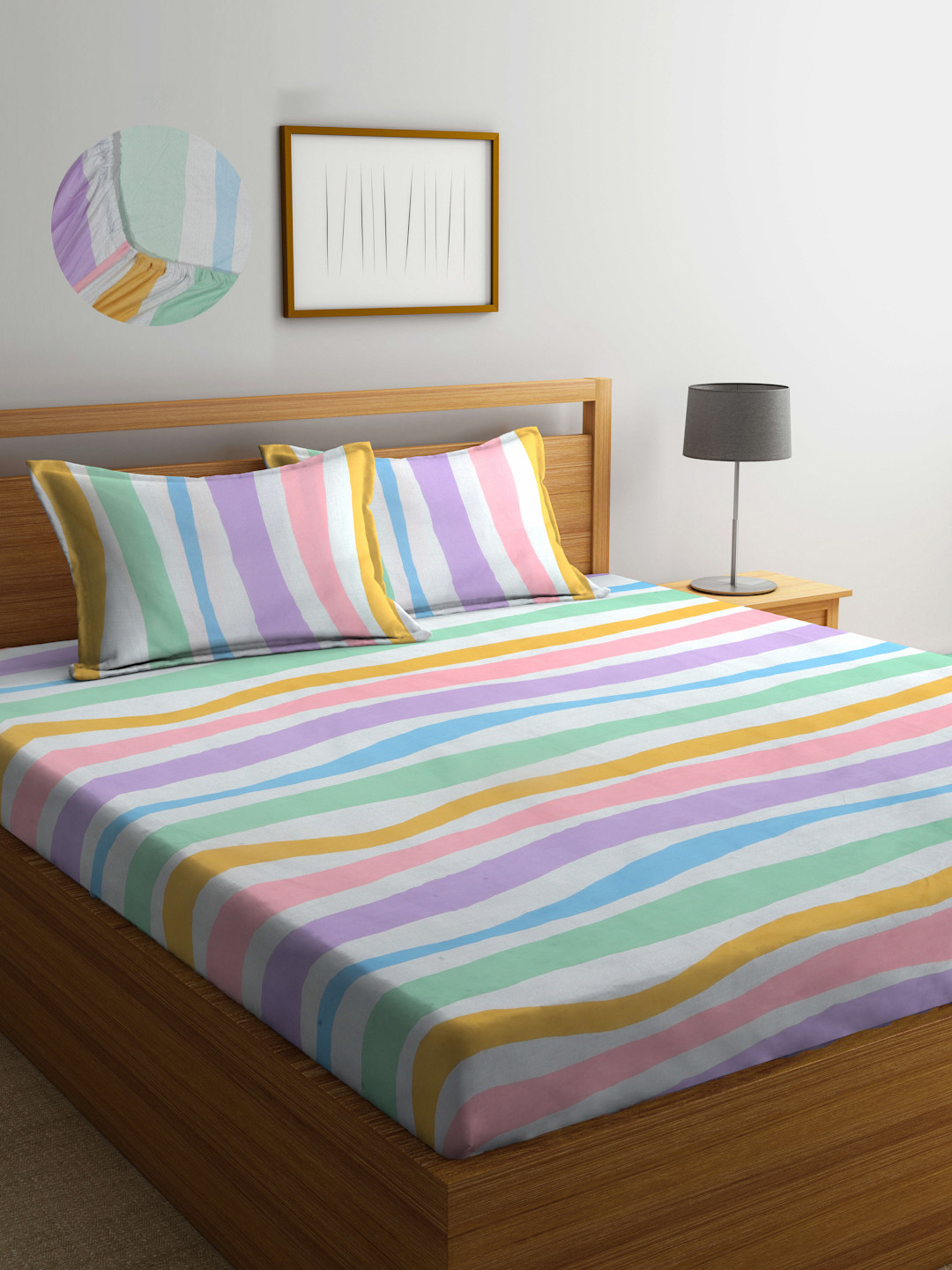 Arrabi Mughal Purple Striped Polycotton Shrink Resistant 300 TC Fitted King Fine Bedsheet with 2 Pillow Covers-250 x 215 cm
