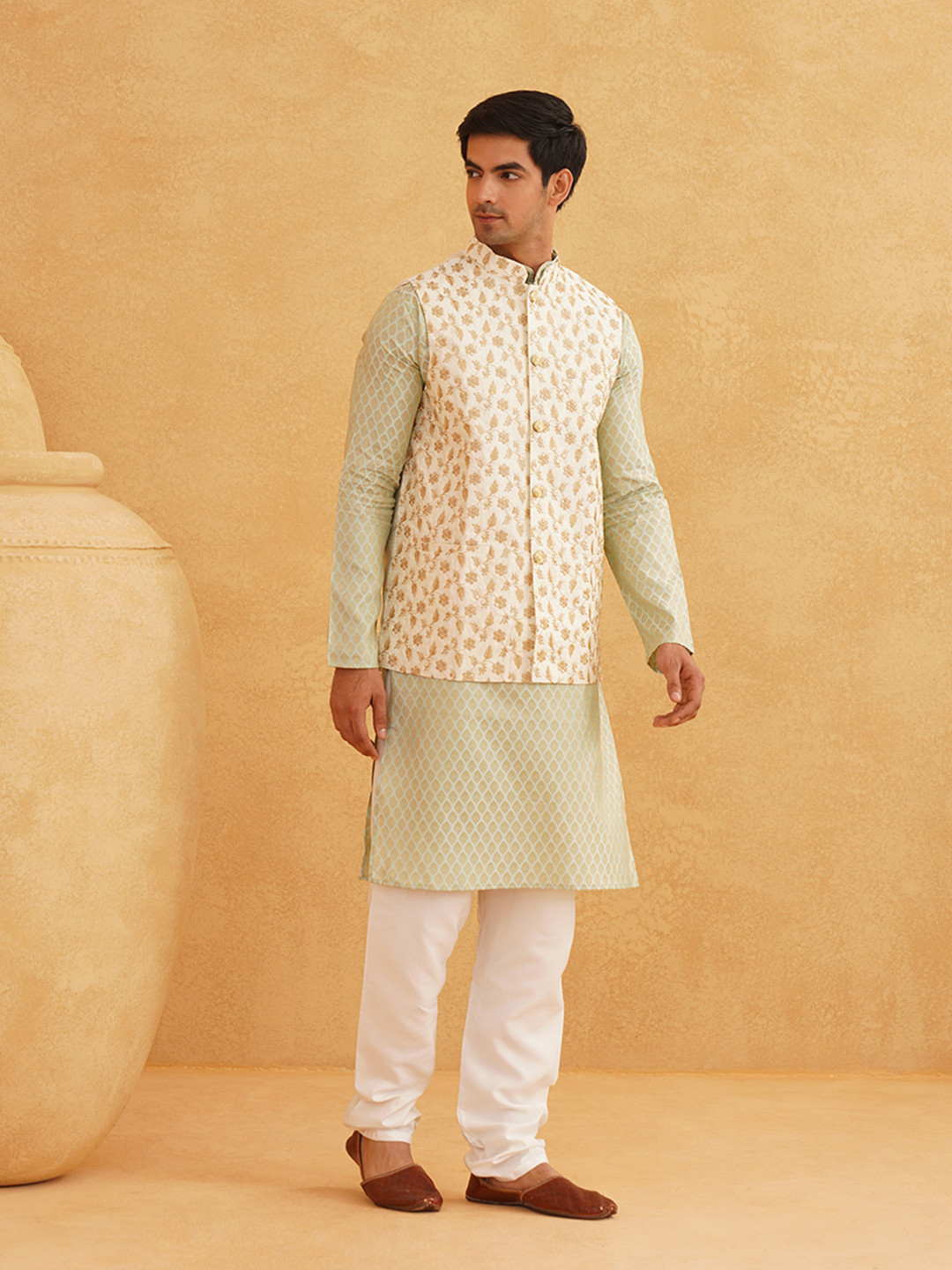 SOJANYA Woven Design Mandarin Collar Kurta with Churidar & Nehru Jacket