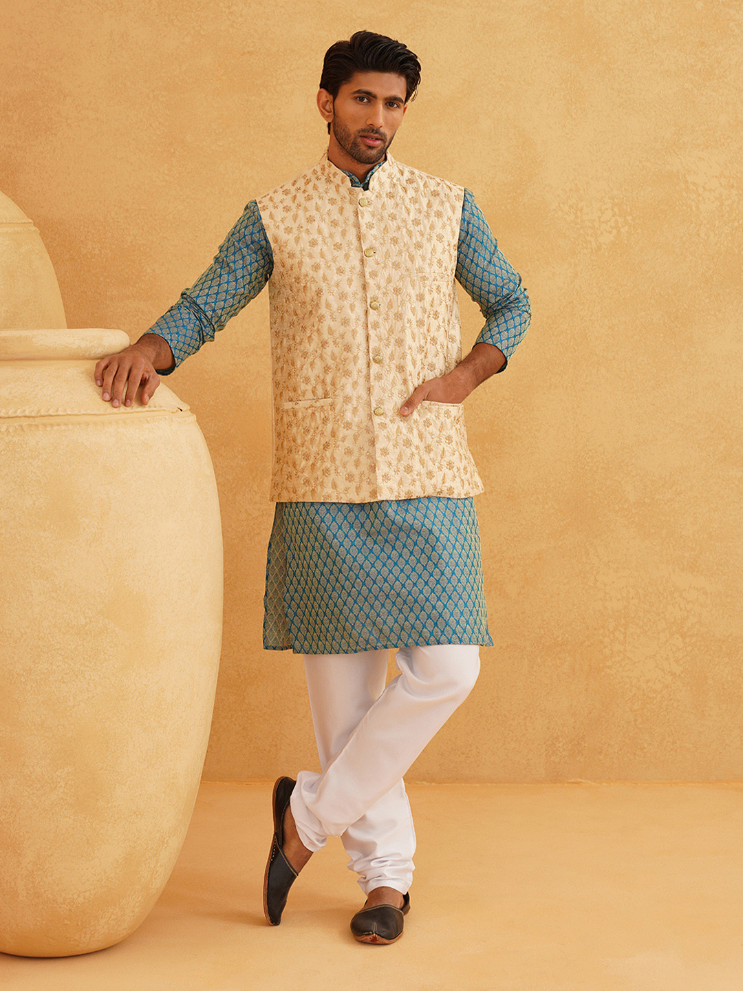 SOJANYA Woven Design Mandarin Collar Kurta with Churidar & Nehru Jacket