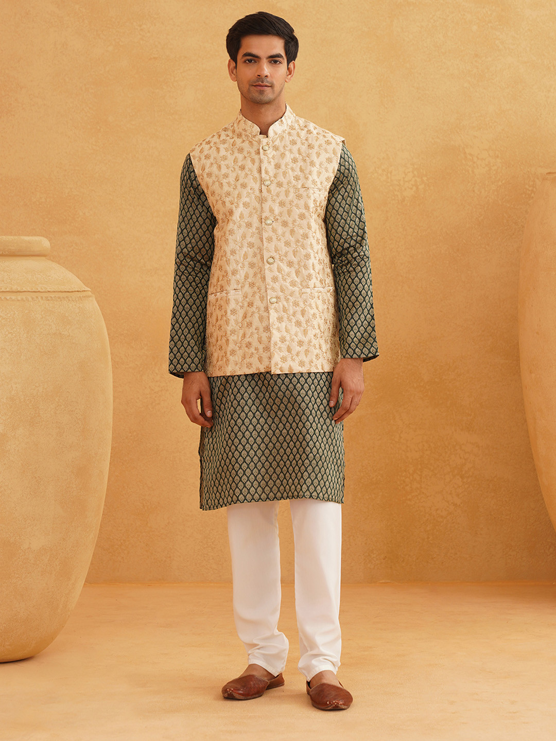 SOJANYA Woven Design Mandarin Collar Kurta with Churidar & Nehru Jacket