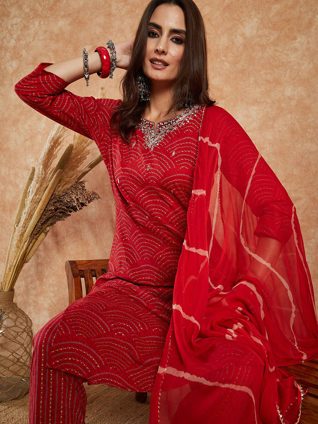 Sangria Red Bandhani Printed Gotta Patti Cotton Kurta Set With Dupatta
