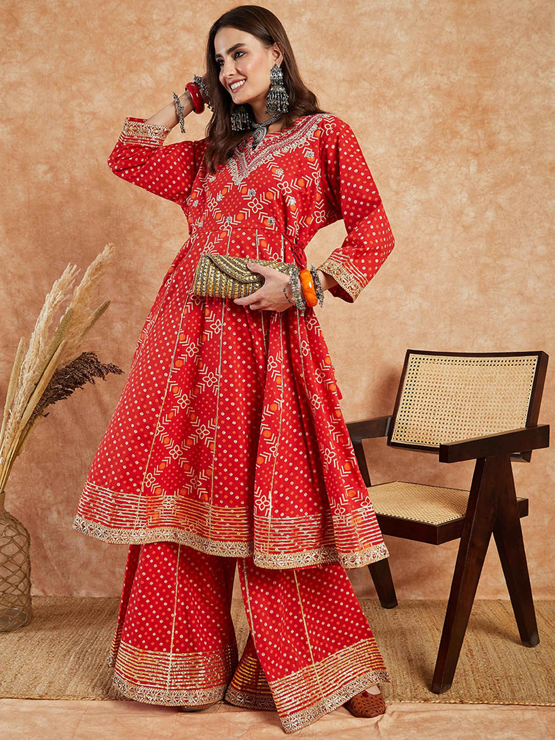 Sangria Red Ethnic Motifs Printed Pure Cotton A-line Thread Work Kurta Set