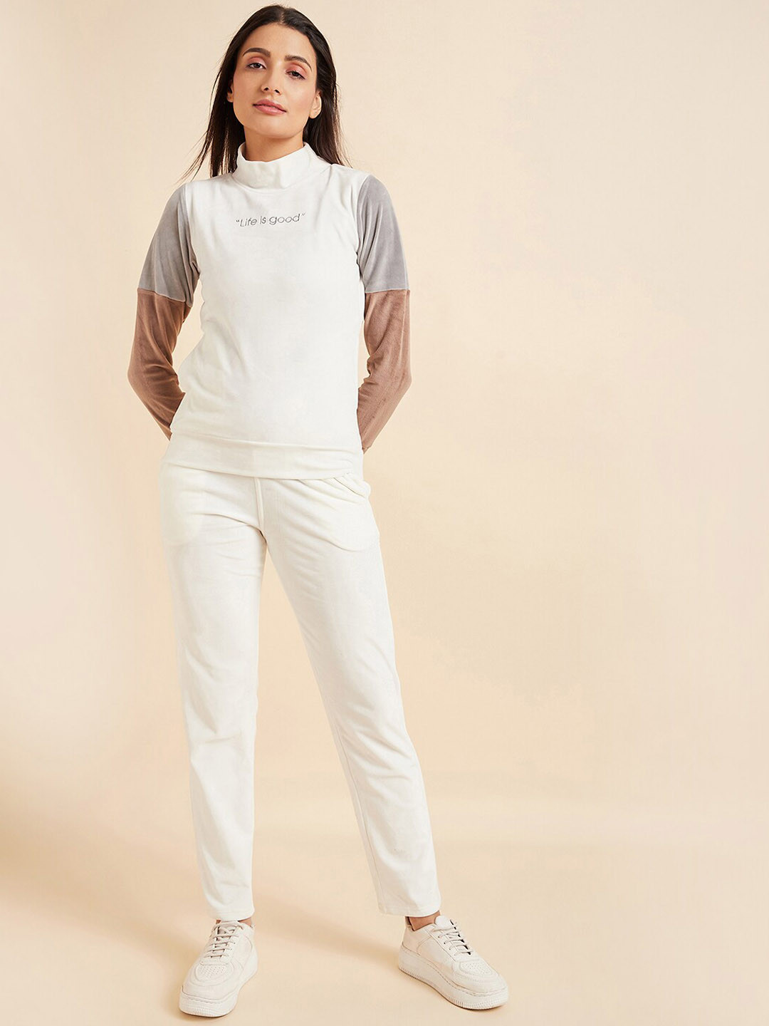 Sweet Dreams Women White Mock Neck Mid-Rise Tracksuits