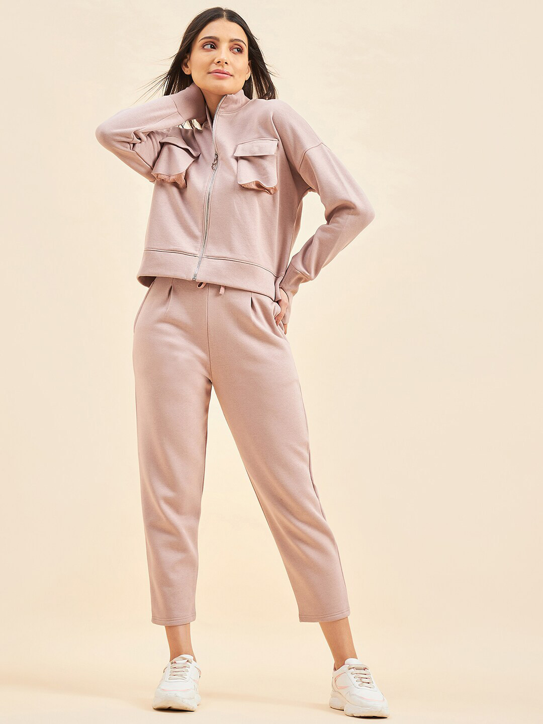 Sweet Dreams Women Peach Coloured Mock Collar Mid-Rise Tracksuits