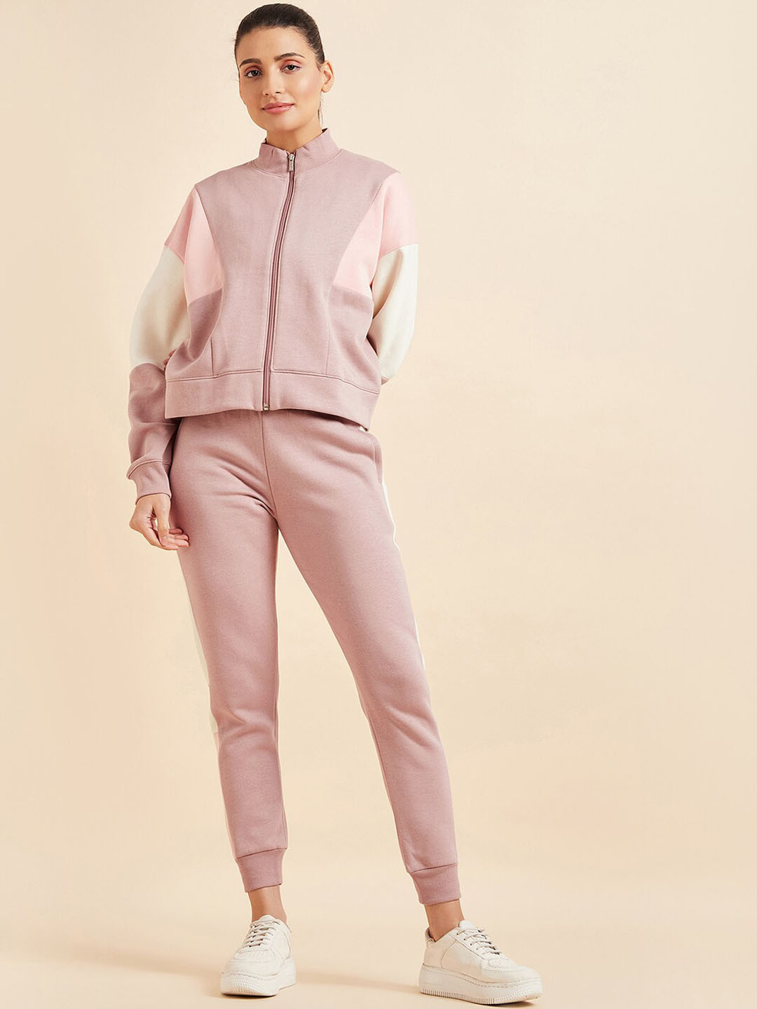 Sweet Dreams Women Peach Coloured Mock Collar Mid-Rise Tracksuits
