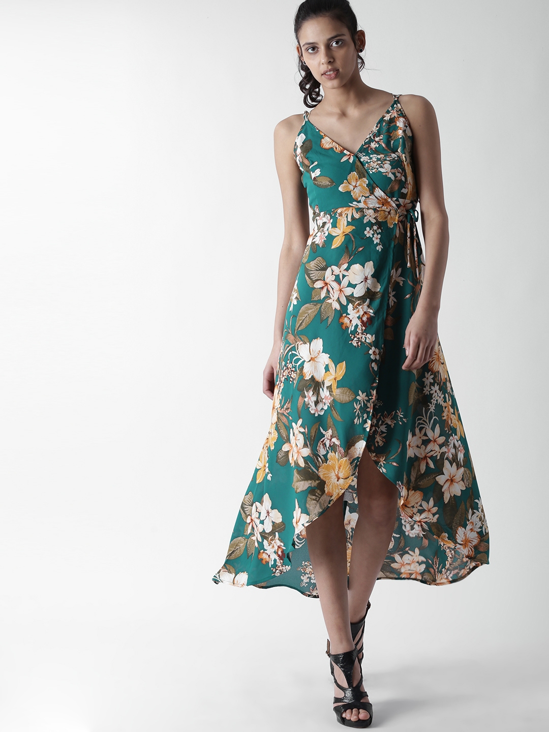 FOREVER 21 Women Teal Green Yellow Floral Print Midi Wrap Dress