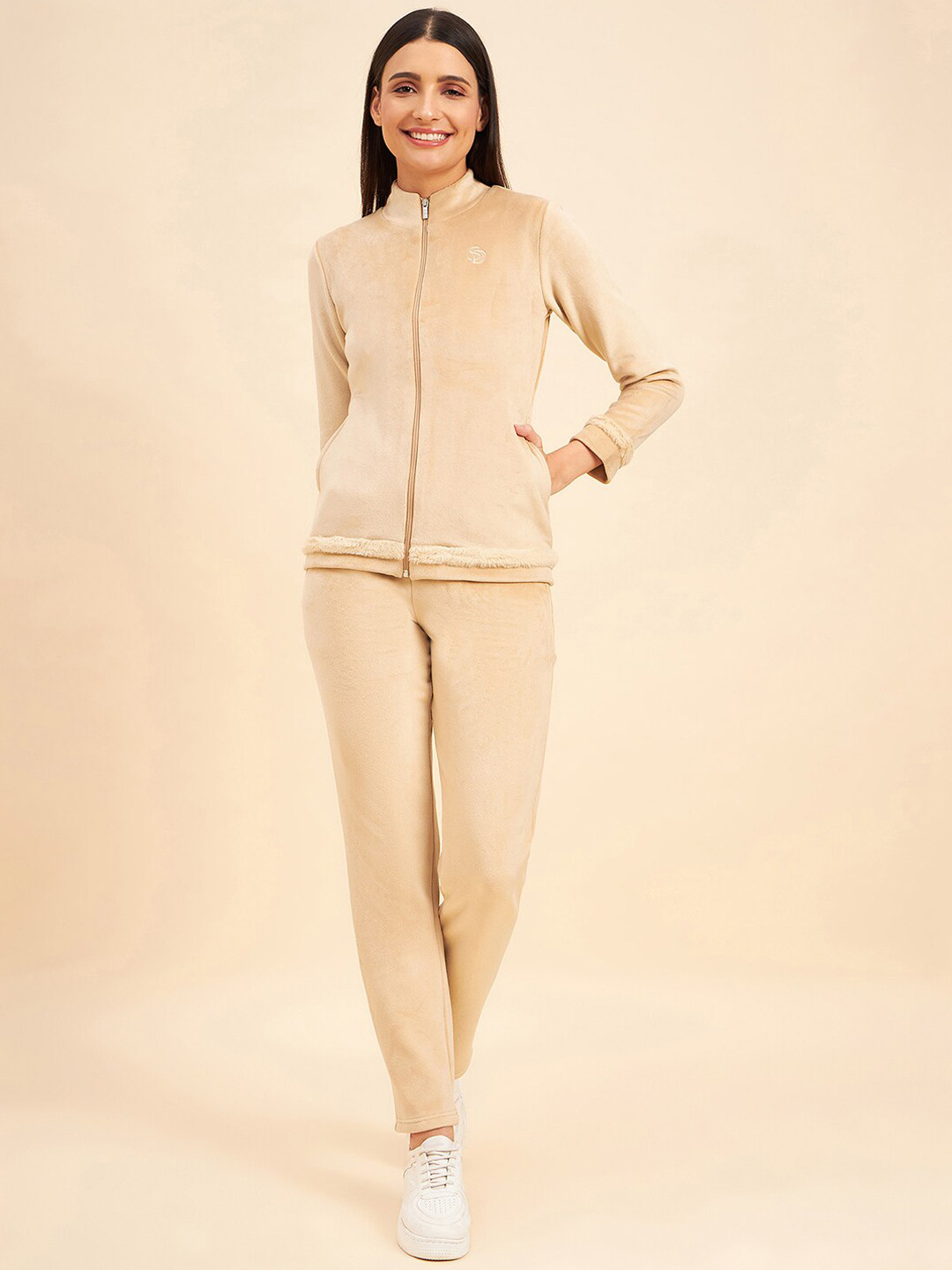 Sweet Dreams Beige Mock Collar Tracksuit