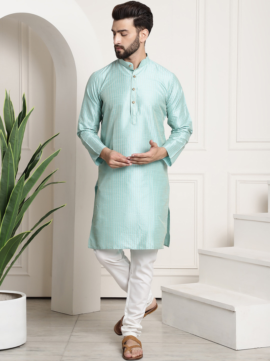 SOJANYA Striped Band Collar StraightKurta With Churidar