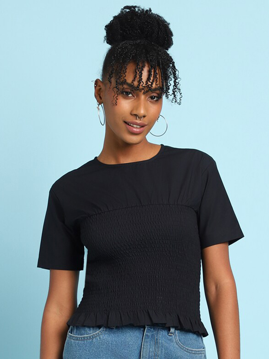 FOREVER 21 Black Round Neck Smocked Pure Cotton Top