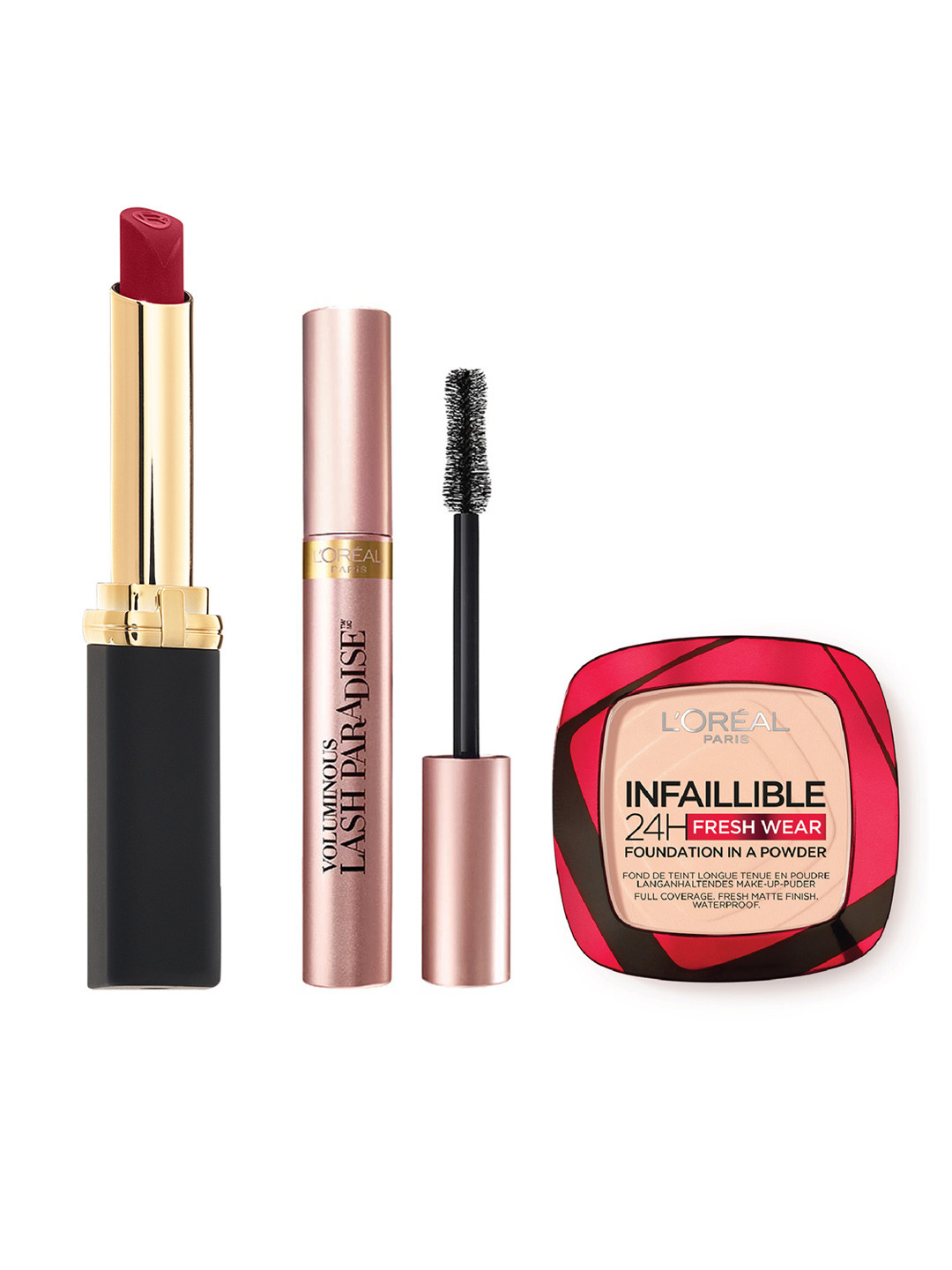 LOreal Paris Set of Color Riche Lipstick & Voluminous Lash Mascara with Powder Foundation