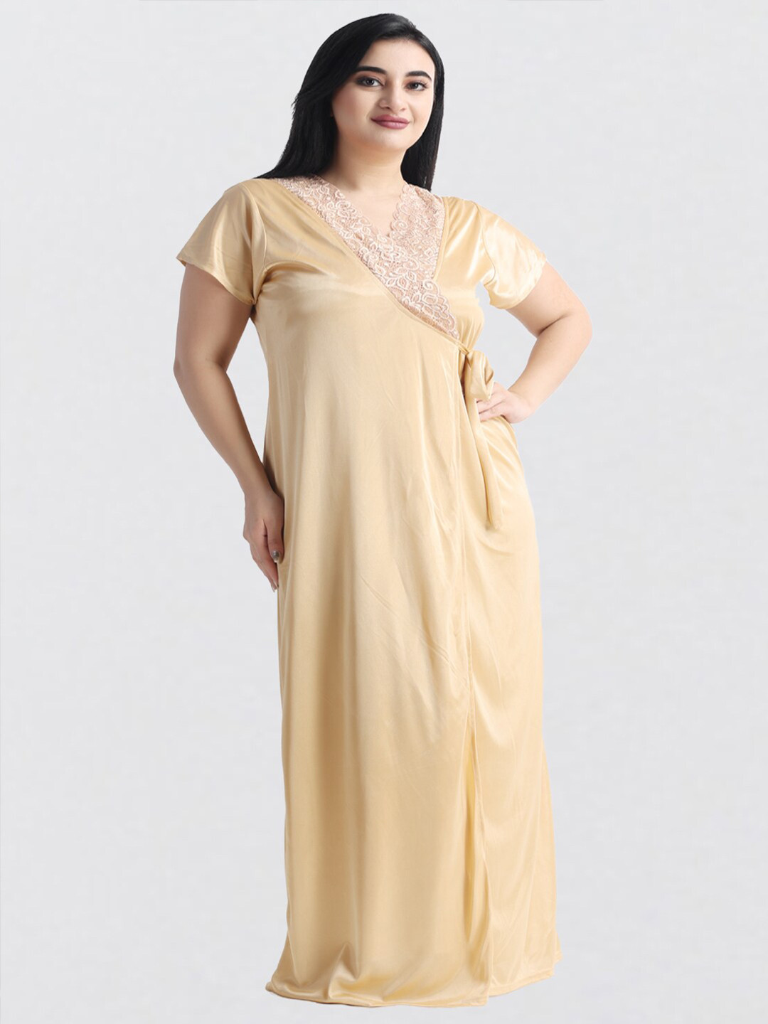 NIGHT KEYS Satin Nighty With Robe Top & Pyjama Maxi Nightdress