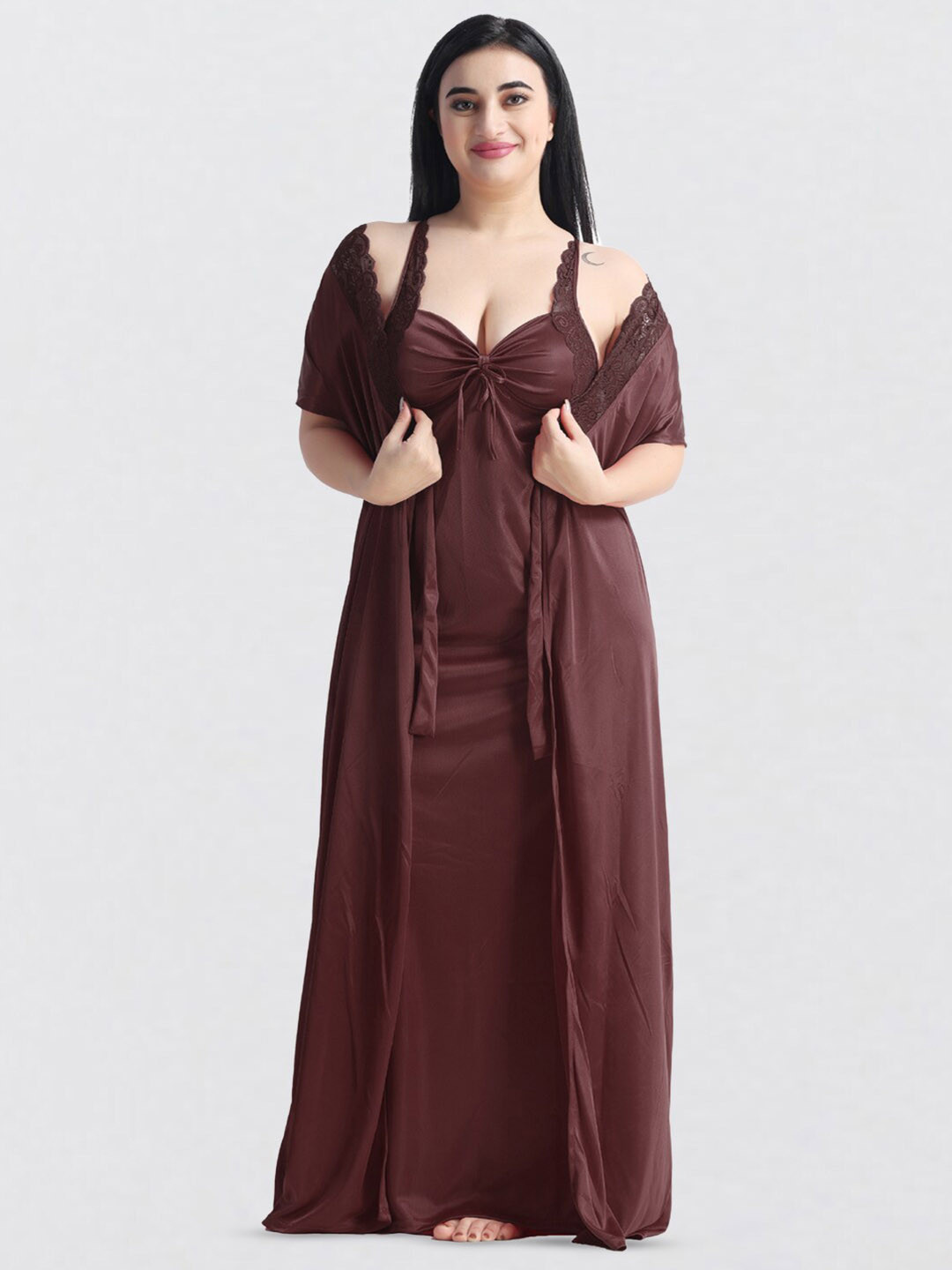 NIGHT KEYS V-Neck Satin Maxi Nightdress With Robe