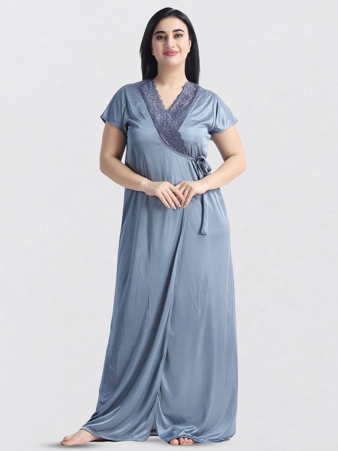 NIGHT KEYS V-Neck Satin Maxi Nightdress And Top & Pajama With Robe