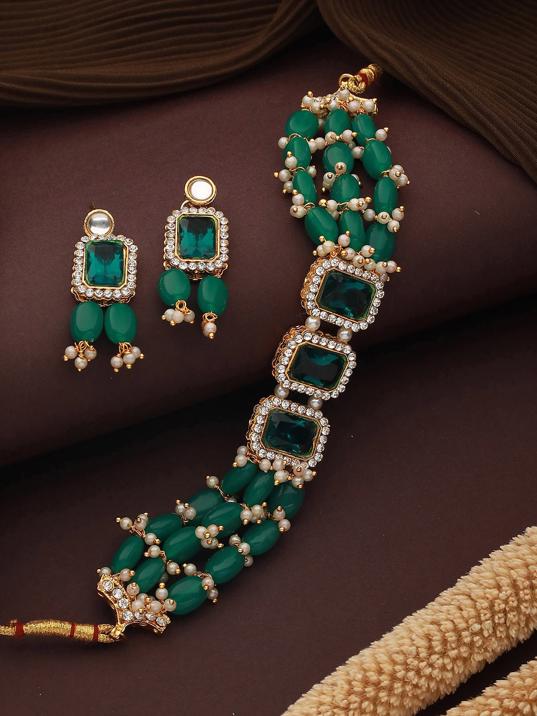 Jazz and Sizzle Gold-Plated Stone-Studded & Pearl Beaded Jewellery Set