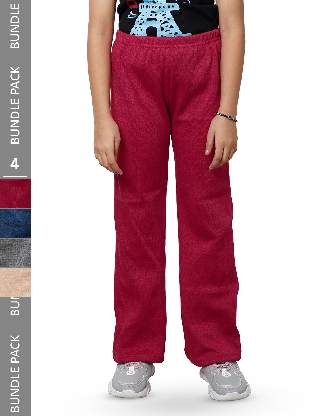 IndiWeaves Girls Pack of 4 Straight-Fit Acrylic Track Pants