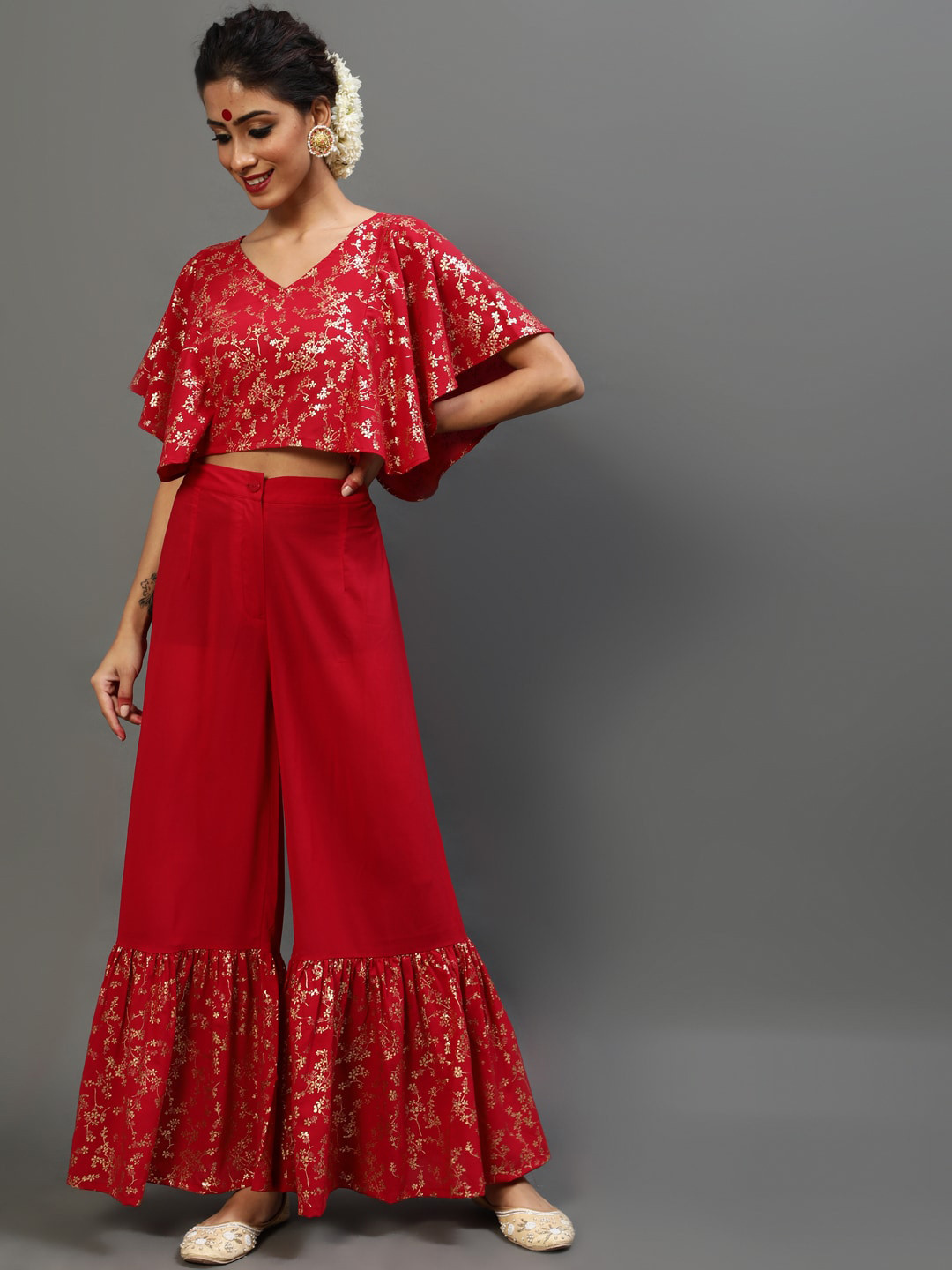 AKS Printed Crop Top With Flared Sleeve & Sharara  Co-Ord Set