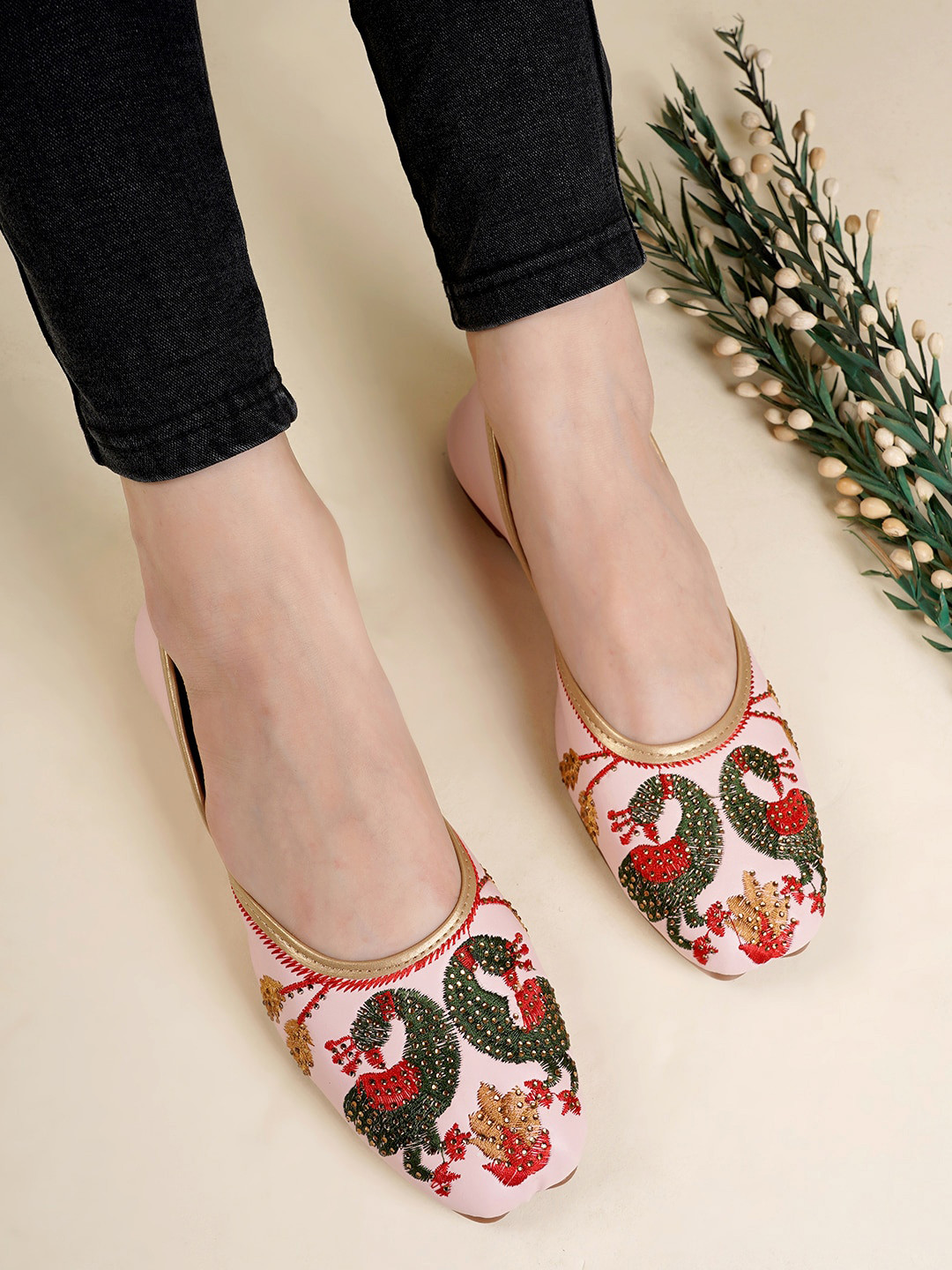Anouk Peach-Coloured Square Toe Ethnic Embellished Fabric Mojaris