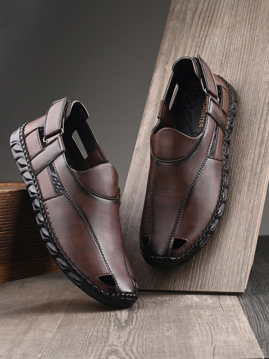 The Roadster Lifestyle Co. Men Brown Textured Shoe-Style Sandals With Velcro Closure