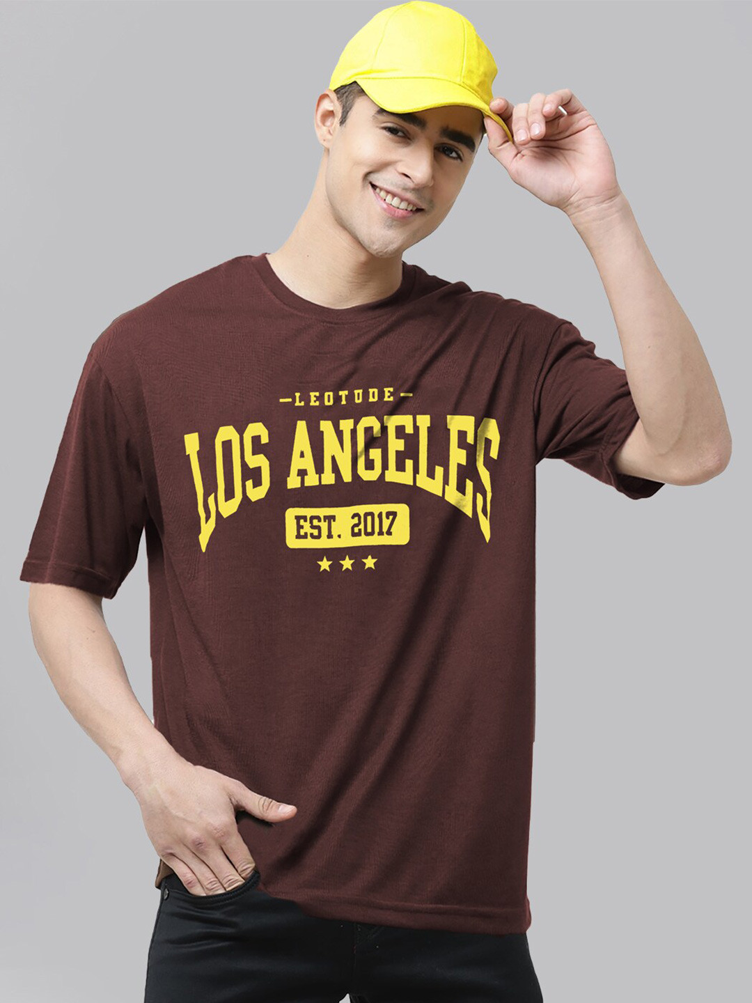 Leotude Typography Printed Drop-Shoulder Sleeves Oversized T-shirt