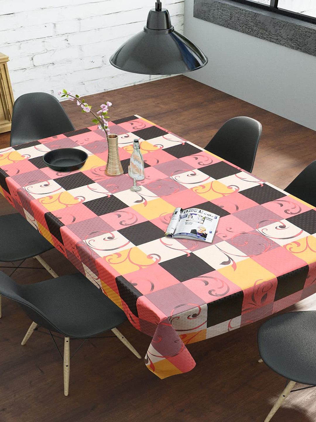 Dakshya Industries Big Box Red & Black Check-Pattern 6-Seater Table Cover