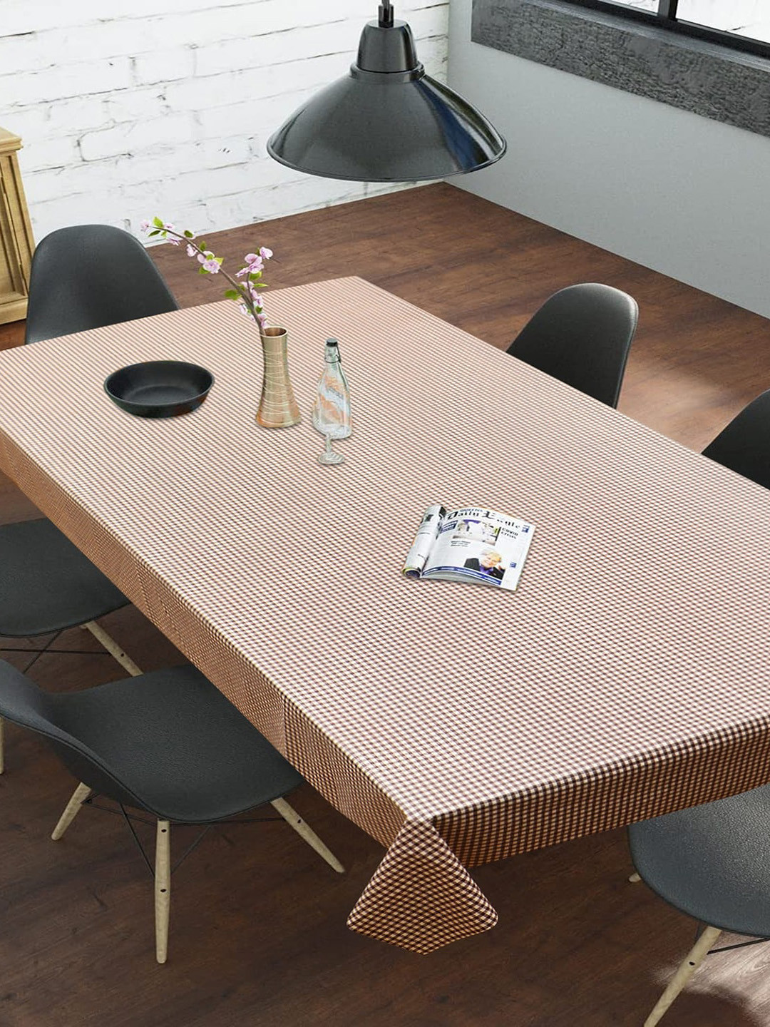 Dakshya Industries White & Brown Checked 6-Seater Table Cover