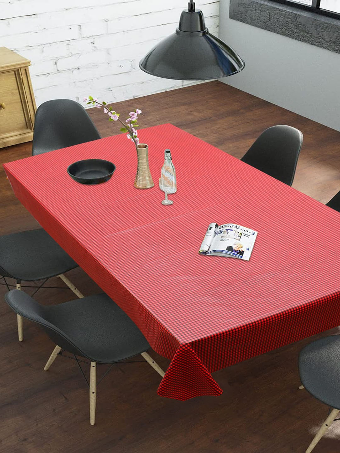 Dakshya Industries Maroon & Black Checked PVC 6-Seater Anti-Slip Table Cover