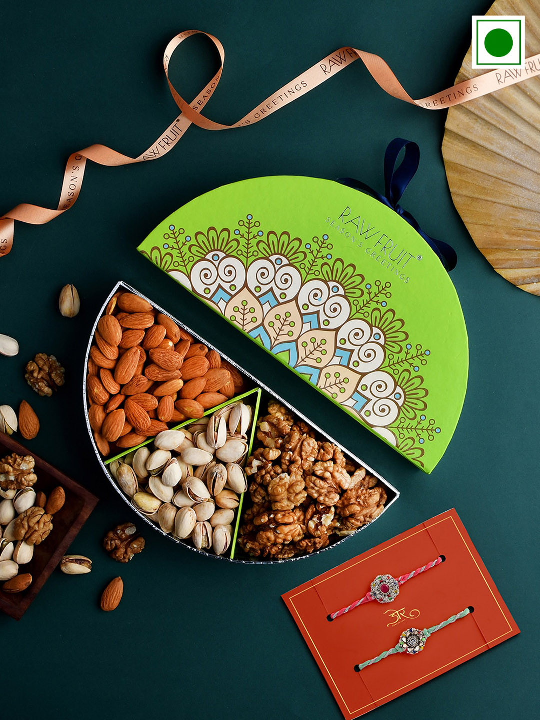 RawFruit Raksha Bandhan Essentials- Set of 2 Studded-Stones Floral With Dry Fruits Pack